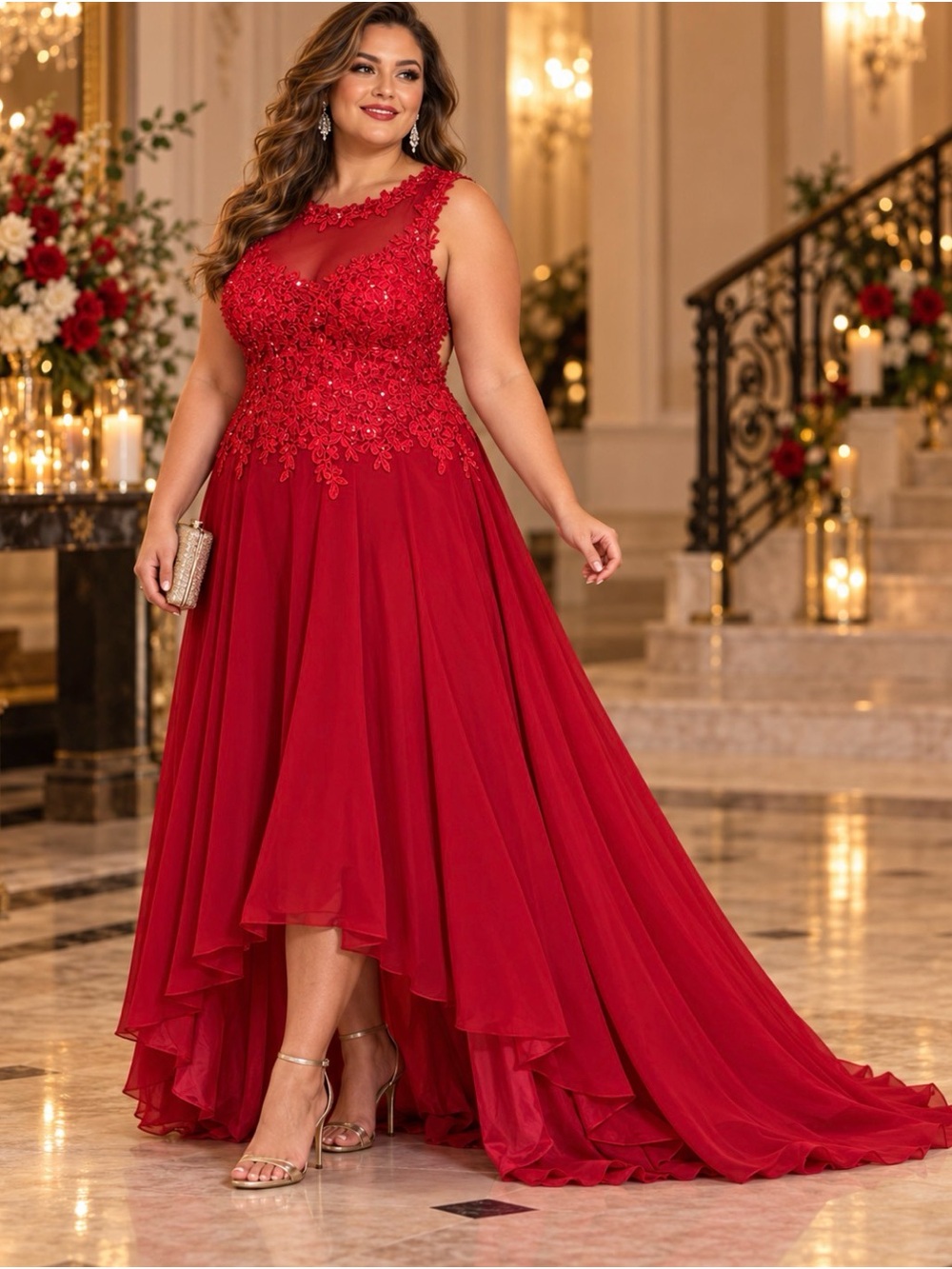 Elegant Formal Red High-low Lace Appliqué High-Low Evening Backless Dress